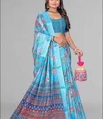 sky blue  linen cotton digital print saree (sky)