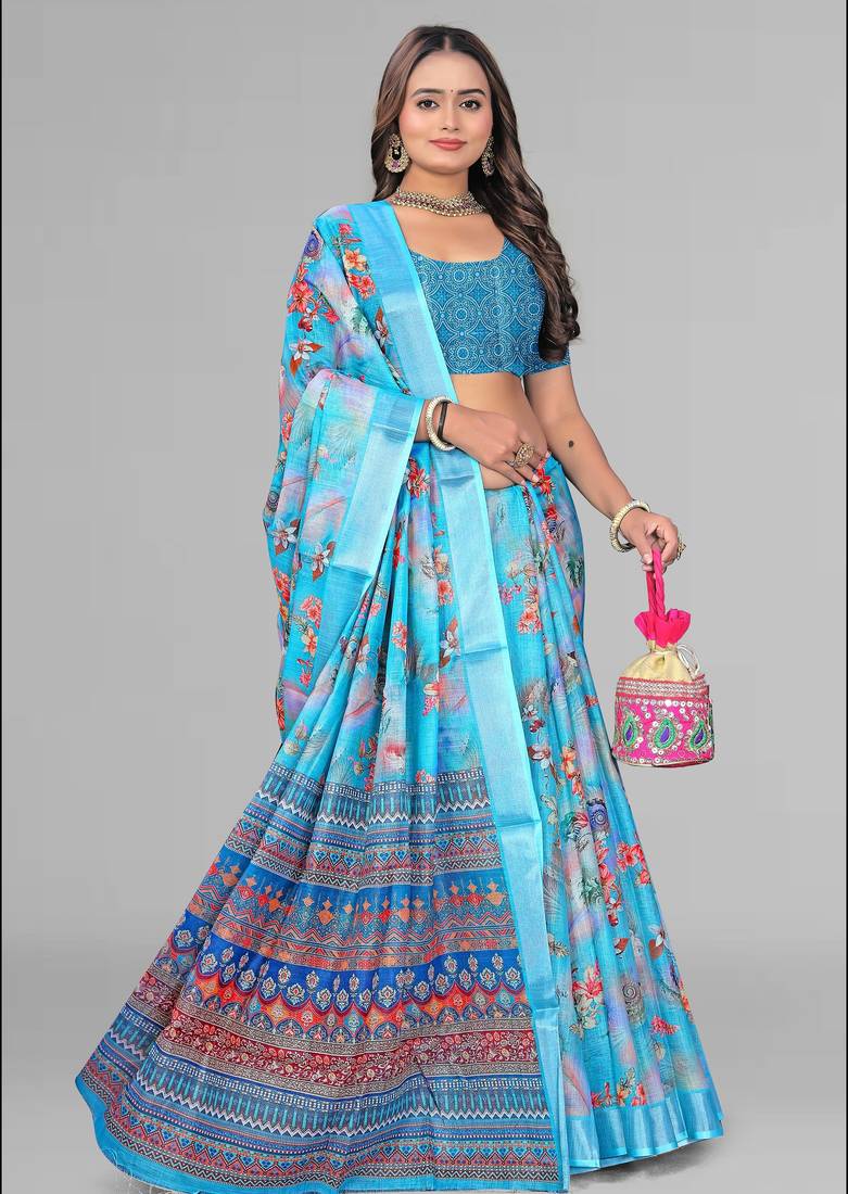 sky blue  linen cotton digital print saree (sky)
