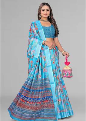 sky blue  linen cotton digital print saree (sky) 2