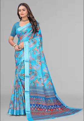 sky blue  linen cotton digital print saree (sky) 3