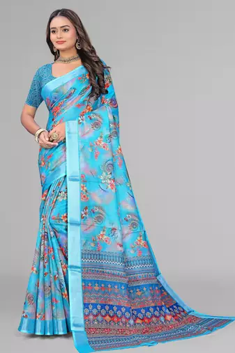 sky blue  linen cotton digital print saree (sky)
