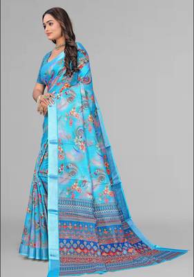 sky blue  linen cotton digital print saree (sky) 4