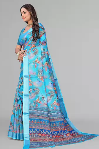 sky blue  linen cotton digital print saree (sky)