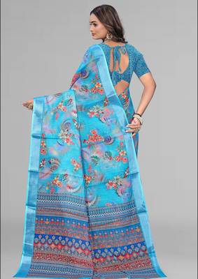 sky blue  linen cotton digital print saree (sky) 5