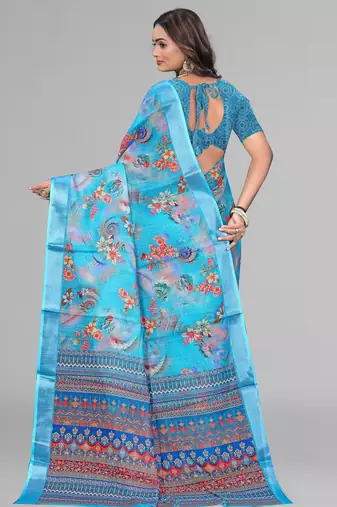 sky blue  linen cotton digital print saree (sky)