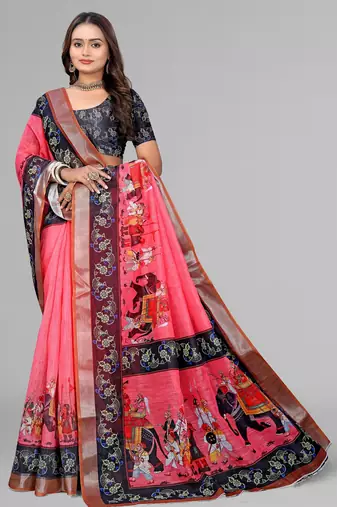pink pink colour animal print digital saree