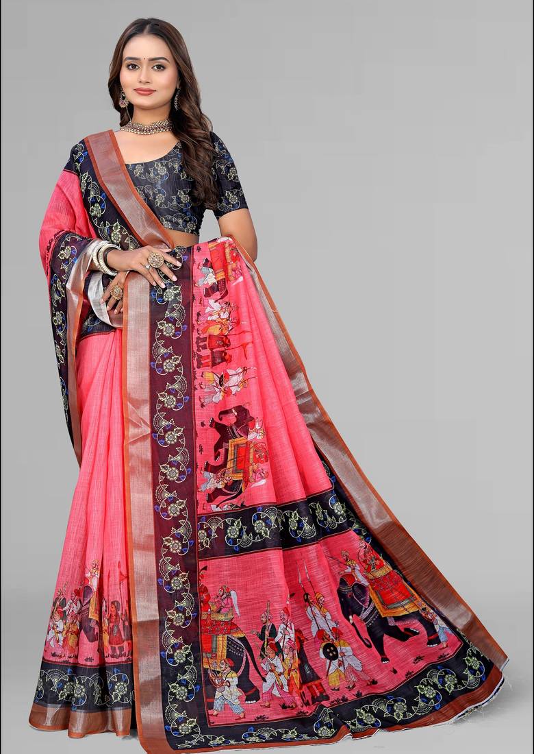 pink pink colour animal print digital saree
