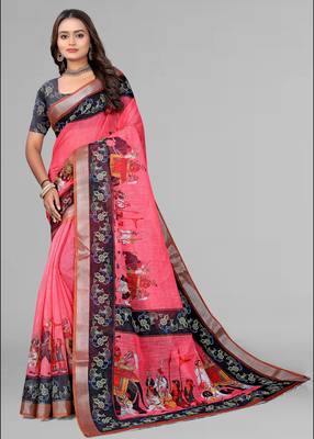 pink pink colour animal print digital saree 3