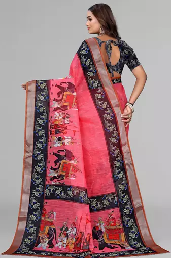 pink pink colour animal print digital saree