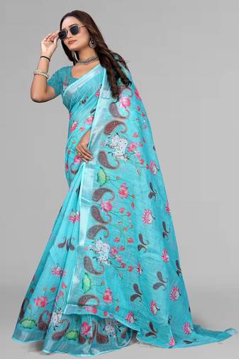 sky blue  linen cotton digital print saree (sky)
