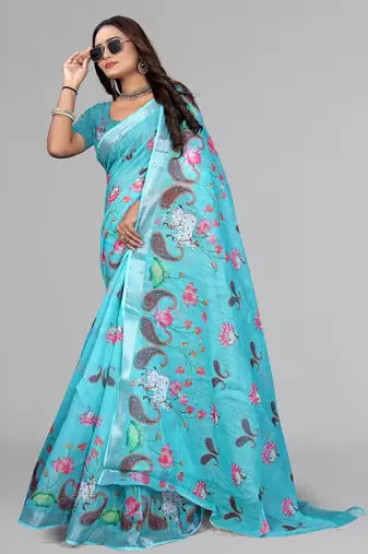 sky blue  linen cotton digital print saree (sky)