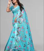 sky blue  linen cotton digital print saree (sky)