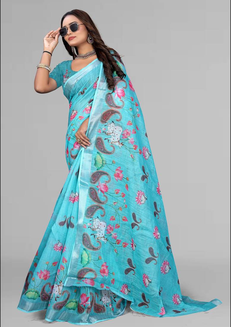 sky blue  linen cotton digital print saree (sky)