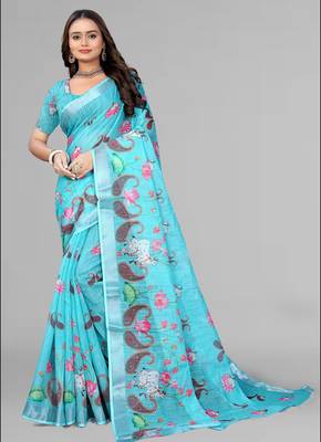 sky blue  linen cotton digital print saree (sky) 3
