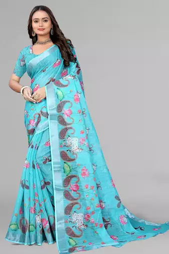 sky blue  linen cotton digital print saree (sky)