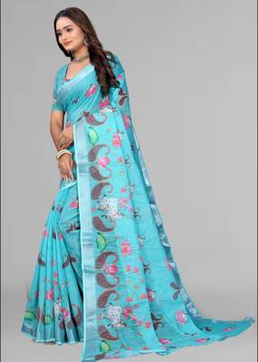 sky blue  linen cotton digital print saree (sky) 4