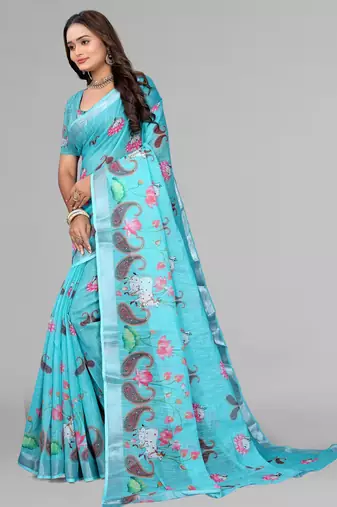 sky blue  linen cotton digital print saree (sky)