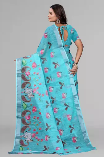 sky blue  linen cotton digital print saree (sky)