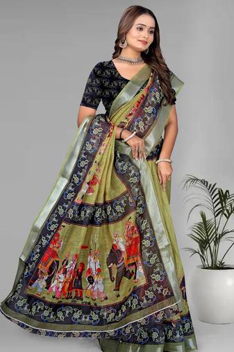 green green colour animal print digital saree