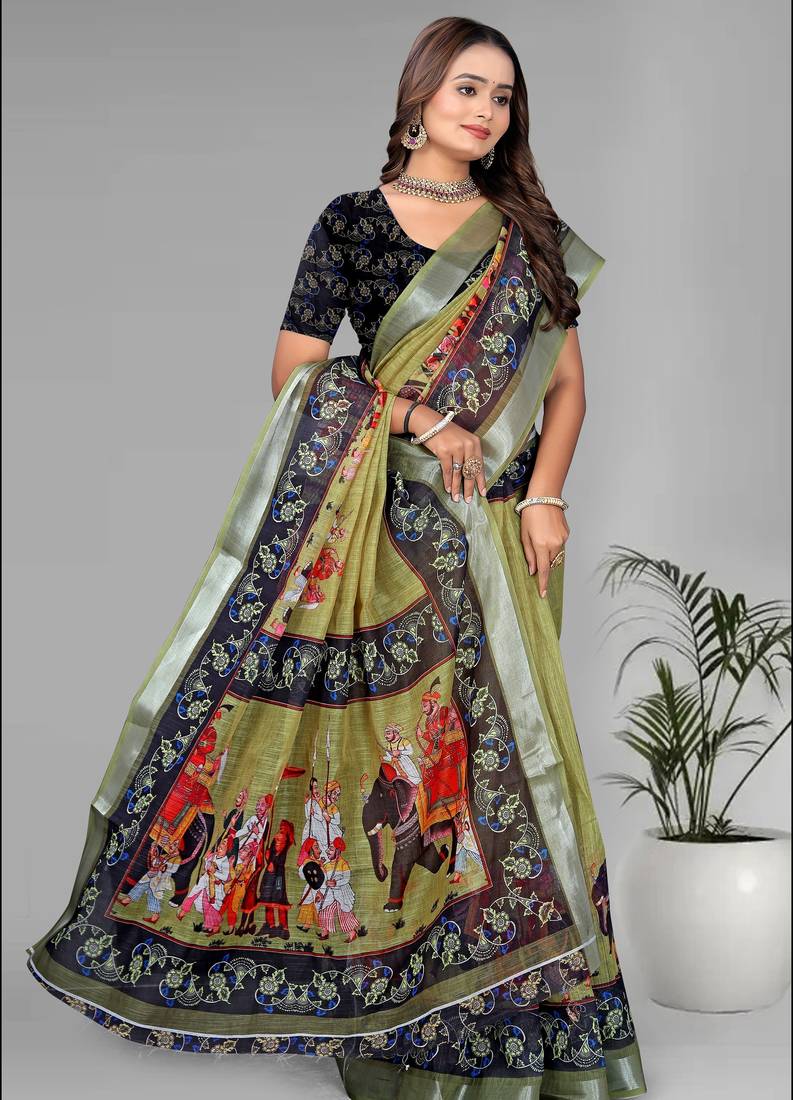 green green colour animal print digital saree