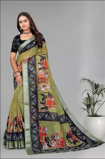 green green colour animal print digital saree