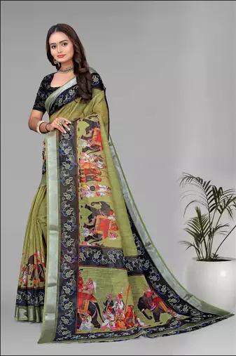 green green colour animal print digital saree