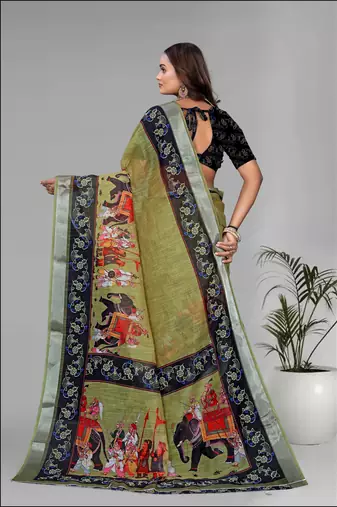 green green colour animal print digital saree