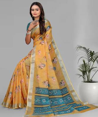 yellow floral linen cotton digital print saree (yellow) 1