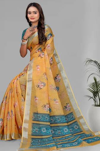 yellow floral linen cotton digital print saree (yellow)