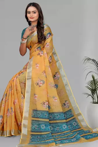 yellow floral linen cotton digital print saree (yellow)