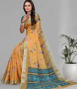 yellow floral linen cotton digital print saree (yellow)
