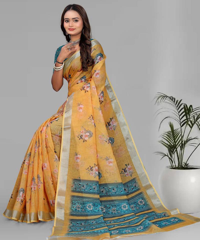 yellow floral linen cotton digital print saree (yellow)