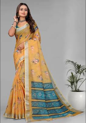 yellow floral linen cotton digital print saree (yellow) 3