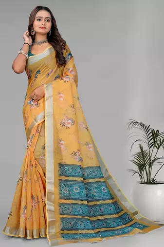 yellow floral linen cotton digital print saree (yellow)