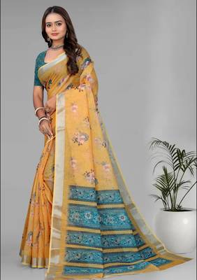 yellow floral linen cotton digital print saree (yellow) 4
