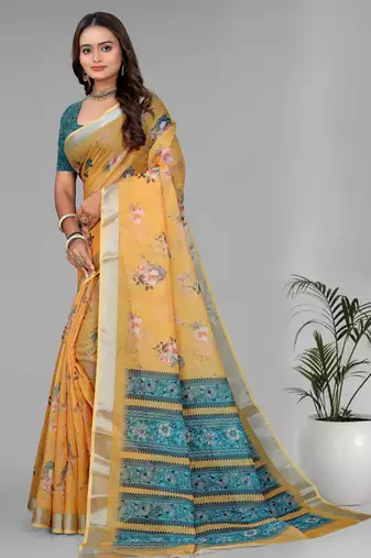 yellow floral linen cotton digital print saree (yellow)