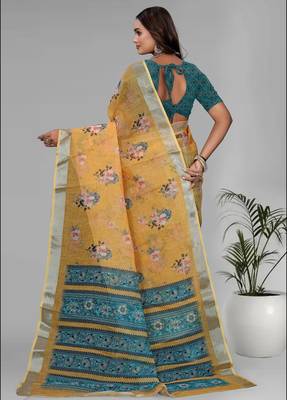 yellow floral linen cotton digital print saree (yellow) 5
