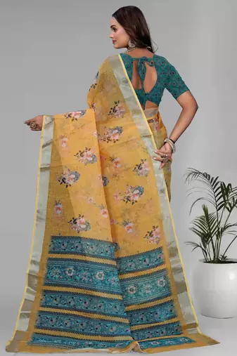 yellow floral linen cotton digital print saree (yellow)
