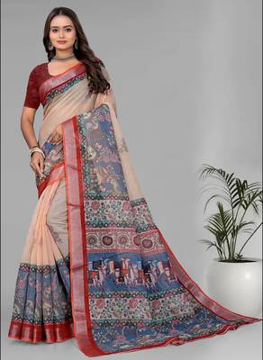 cream  madhubani linen  digital print saree (beige) 1
