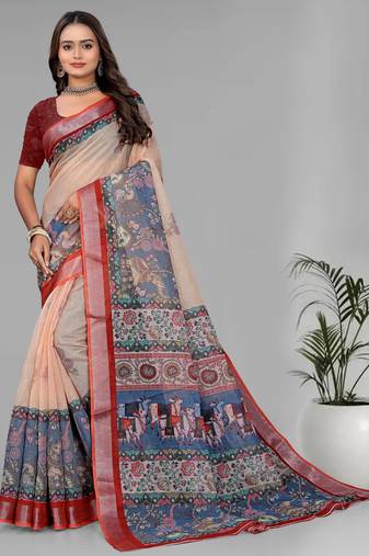 cream  madhubani linen  digital print saree (beige)