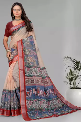 cream  madhubani linen  digital print saree (beige)