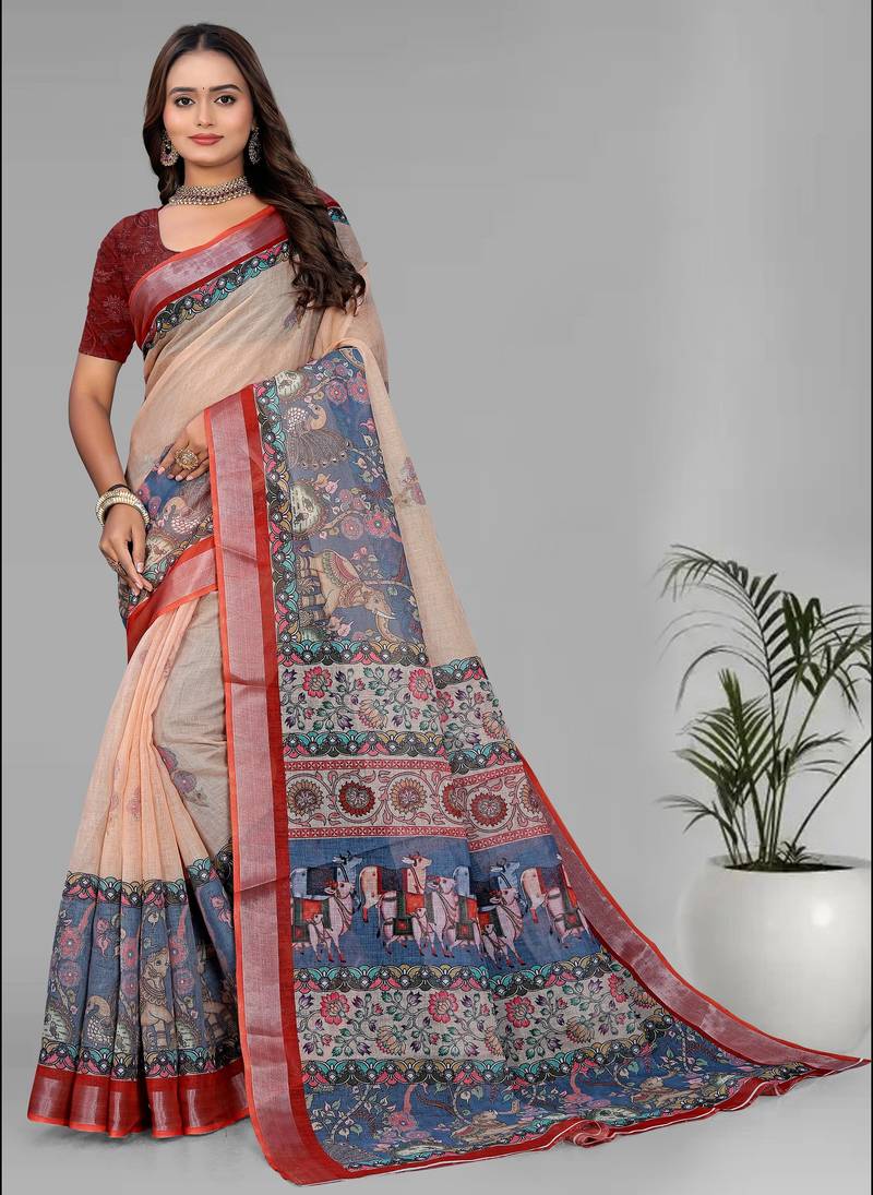 cream  madhubani linen  digital print saree (beige)