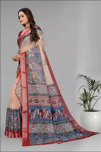 cream  madhubani linen  digital print saree (beige)