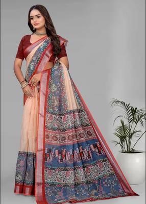cream  madhubani linen  digital print saree (beige) 4