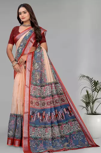 cream  madhubani linen  digital print saree (beige)