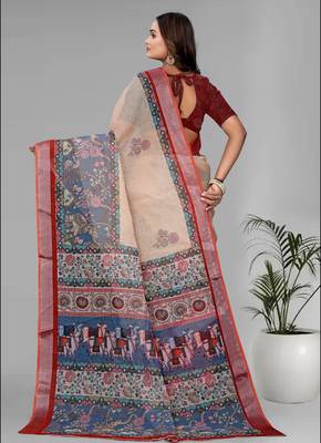 cream  madhubani linen  digital print saree (beige) 5