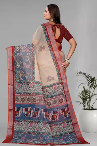 cream  madhubani linen  digital print saree (beige)