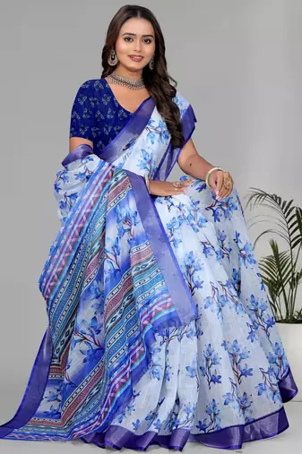 sky blue flower digital print saree