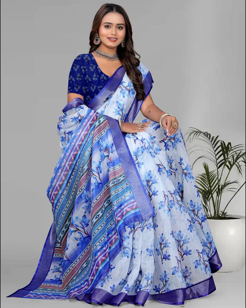 sky blue flower digital print saree