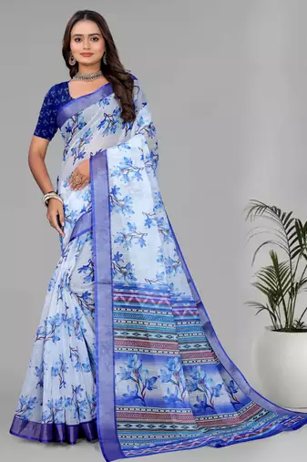 sky blue flower digital print saree